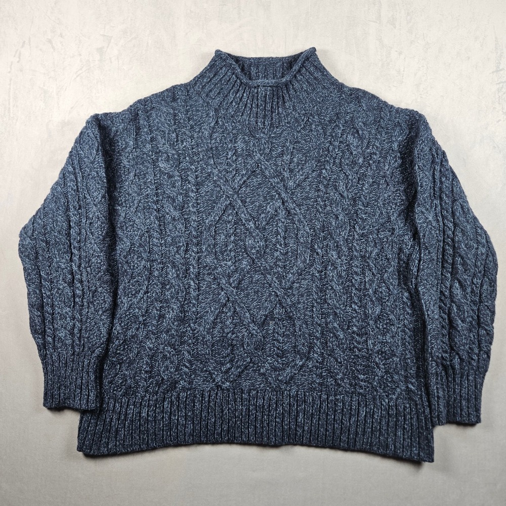 L.L.Bean Womens 1912 Heritage Wool Blend MockNeck Sweater 1X Blue Cable Knit